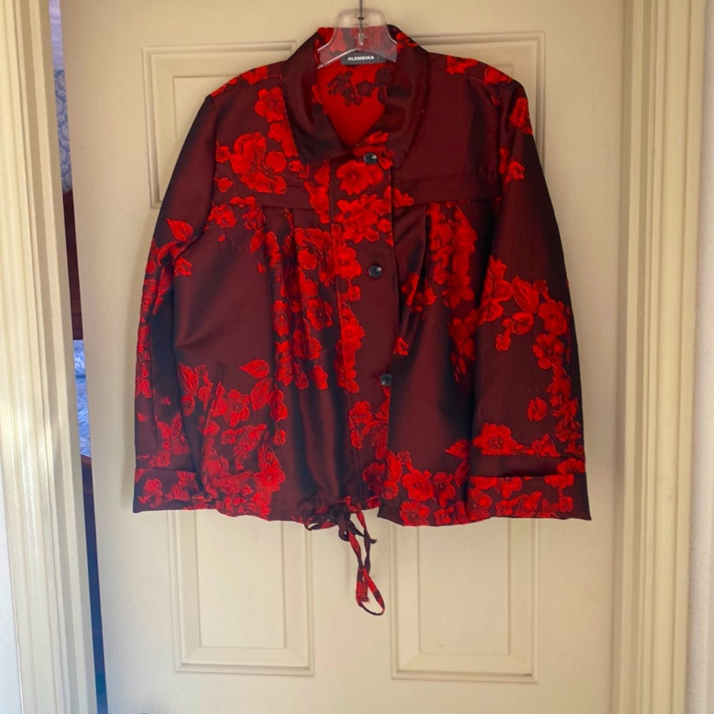 Alembika Brianne Bomber Jacket red floral women’s size 1 (small) runs big